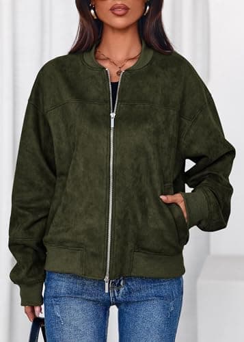 Lazysmile Women's Faux Suede Bomber Jackets Fall Fashion Outfits Winter Clothes Stand Collar Zip Up Coats Outwear with Pockets - Thumbnail 5