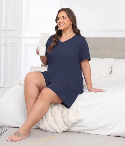 Lastshe Womens Plus Size Pajama Set 2 Piece Soft V Neck Short Sleeve with Pockets Summer Shorts Sleepwear Pjs Lounge Set,Dark Blue-3X - Thumbnail 6