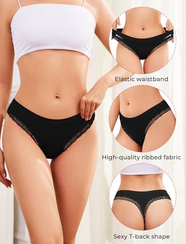 ANSUKOO 6-Pack Cotton Thongs for Women,Lace Underwear,Ladies Breathable Comfort Panties,Soft Laser Cut Undies,Gym Sport Tanga Black - Thumbnail 3