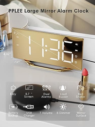 Loud Alarm Clock for Heavy Sleeper, 2 Alarms Big Display Clock with Bed Shaker for Hard of Hearing Deaf,Plug in Bedroom Mirror Clock,Phone Charger,Dimmer,Simple Digital Clock for Senior Adult Teen Kid - Thumbnail 2