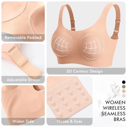 Ganado Seamless Wireless Bras for Women Full Coverage No Underwire Supportive Bras Padded T Shirt Bra Comfort Bralette (Nude, Small) - Thumbnail 4