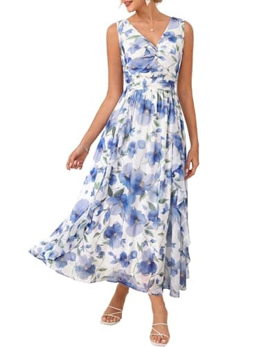 GRACE KARIN Women's Summer Sleeveless Floral Maxi Dress V Neck Formal Wedding Guest Dress A Line Beach Vacation Clothes Light Blue Floral M - Image 1