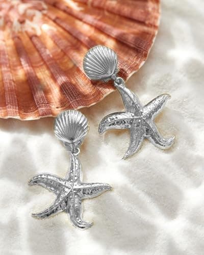 UANNEAU Silver Chunky Earrings for Women Trendy, 14K White Gold Plated Dainty Starfish Earrings Statement Minimalist Hypoallergenic Stud Earrings - Thumbnail 6