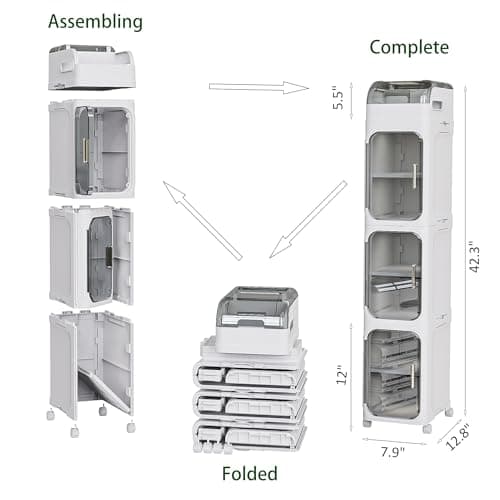 BINSIO 4-Tiers Toilet Paper Storage, Slim Bathroom Organizers and Storage, Bathroom Counter Organizer, Bathroom Organizer Storage Cabinet, Portable Laundry Room Organization, Plastic White Clear Doors - Thumbnail 3