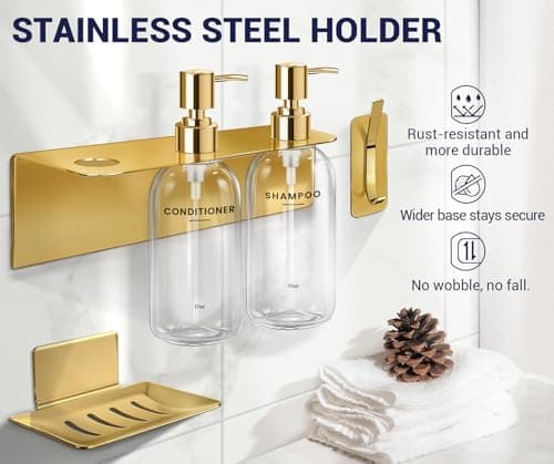 KLL Shampoo and Conditioner Dispenser - 3 Soap Dispenser Bathroom Wall Mount No Drill, Soap Holder, Hook - Refillable Shower Dispenser Pump Bottle for Bathroom Shower Accessories (Transparent) - Thumbnail 6