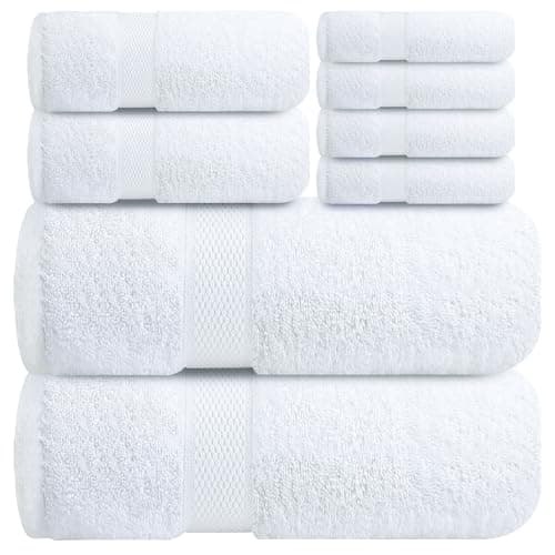 Infinitee Xclusives Luxury 100% Cotton Towel Set – 8 Piece Bathroom Towel Set (2 Bath Towels, 2 Hand Towels, 4 Washcloths) – Soft & Absorbent Towels for Bathroom (Brilliant White) - Image 1