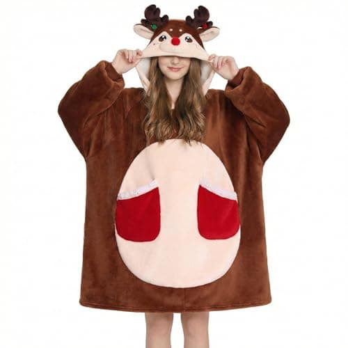 OLAOLA Reindeer Wearable Blanket Hoodie for Adult, Oversized Animal Hooded Blanket with Pockets & Sleeves, Soft Sherpa Reindeer Style Sweatshirt Comfy for Birthday Gifts - Image 1