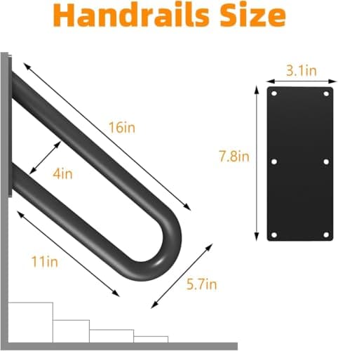 Hand Rails for Outdoor Steps Stair Railing Indoor Rail Metal Heavy Duty Non-Slip 1-3 Step Wall Mount Grab Bars U-Shape Safety Handle Garage Porch Courtyard Doorways (2 Pack 16") - Thumbnail 2