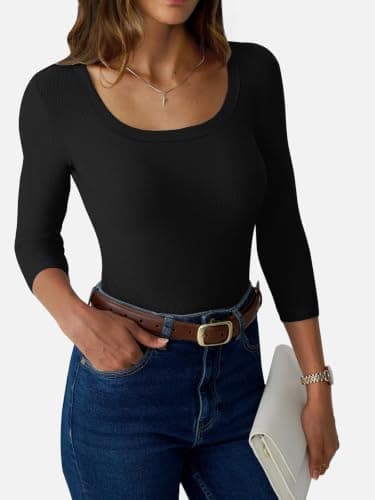 GKBK Womens 3/4 Sleeve Scoop Neck Tops Ribbed Knit Slim Fitted Casual Basic Tee Shirts 2026 Summer Fashion Trendy Work Casual T-Shirt Workout Outfits Thermal Undershirts Layering Clothes Black S - Thumbnail 3