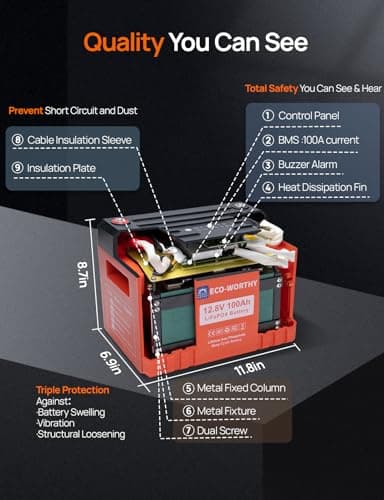 ECO-WORTHY 12V 100AH LiFePO4 Lithium Battery with SOC Display, Upgrade 2.0 with built-in Bluetooth, 100A BMS with Low-Temp Protection, Suitable for RV, Camping, Solar Off-Grid trolling motor - Thumbnail 2