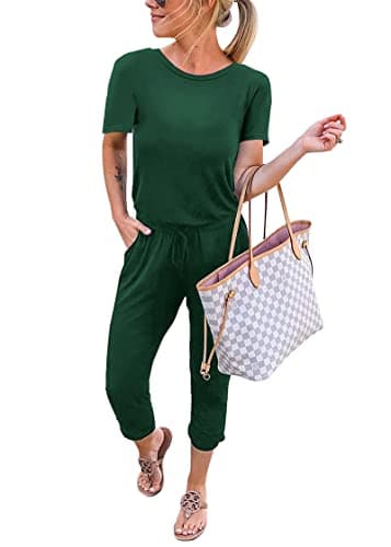 KIRUNDO Jumpsuits for Women Summer 2026 Casual Short Sleeve One Piece Outfits Drawstring Waist Long Pants Romper Jumpers(Dark Green, Large) - Image 1