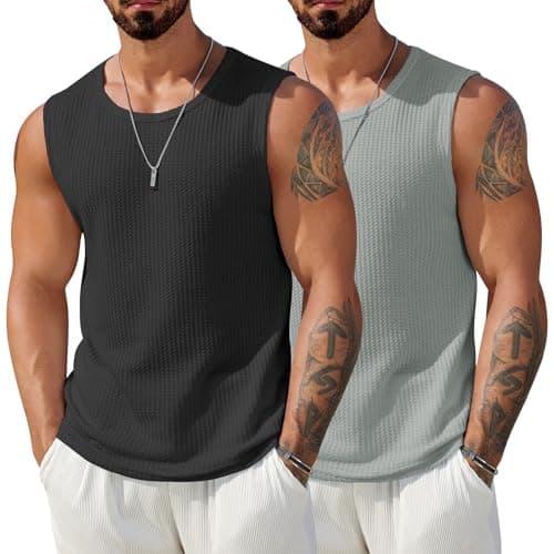 COOFANDY Mens Casual Tank Tops 2 Pack Waffle Knit Sleeveless Shirt Breathable Tanks Summer Muscle Tee Light Grey XXL - Image 1