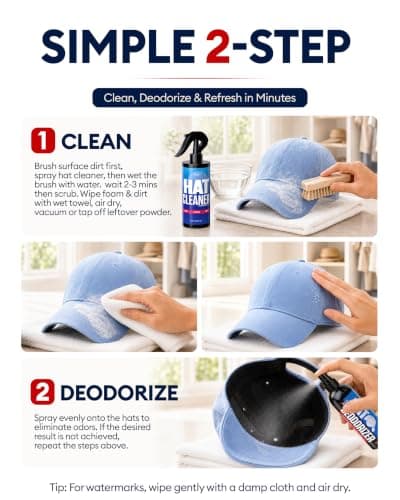 Jevvu Hat Cleaning Kit, Hat Cleaner & Deodorizer Spray for Baseball Caps, Sweat Stain Remover for Felt & Cowboy Hats, Snapbacks, Fitted & Trucker Hats, with Brush & Microfiber Cloth - Thumbnail 6