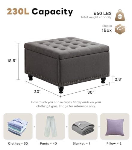 Tbfit Large Square Storage Ottoman Bench, Tufted Upholstered Coffee Table with Storage, Oversized Storage Ottomans Toy Box Footrest for Living Room, Dark Grey - Thumbnail 2