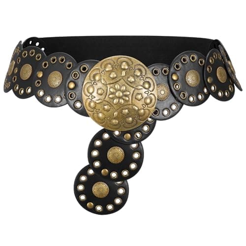 WOWOGO Western Boho Chunky Cowgirl Disc Belt for Women Circle Country Concho Big Wide Leather Elastic Waist Belts - Image 1