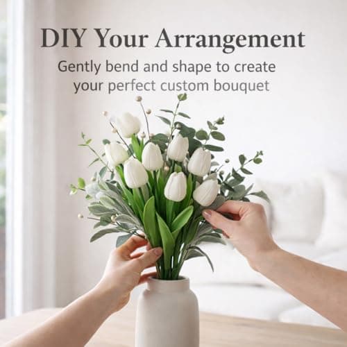 siqifloral 18 Pcs Artificial White Tulips Bouquet with Eucalyptus and Pearl Berries, Real Touch Silk Flowers for DIY Wedding Centerpieces, Home Table Arrangement - Thumbnail 3