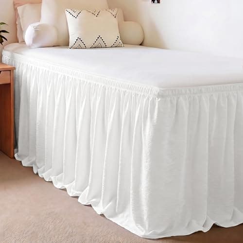 RIMELA Twin XL Bed Skirt - 46 Inch Drop, Textured Crinkle Linen-Look, Wrinkle-Free Wrap Around Elastic Dust Ruffle, White Solid Fabric Machine Washable, Dorm Bedroom Decor