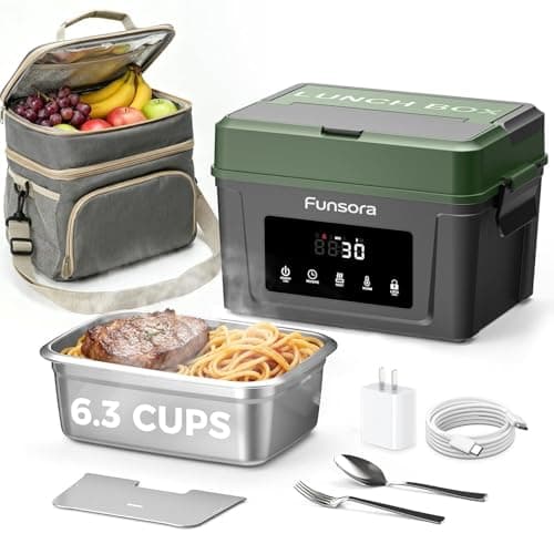 Funsora Cordless Heated Lunch Box 1.5L Electric Lunch Box 24000mAh Battery 60W Fast Heating 5-Sided Heating Smart Timer Self Heating Food Warmer Portable for Work Travel Truck Outdoor