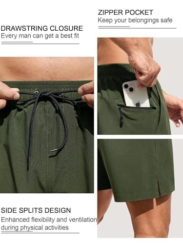 SILKWORLD Mens Swimsuit Trunks 6" Quick-Dry Swim Shorts with Compression Liner and Zipper Pockets, Army Green, Small - Thumbnail 2