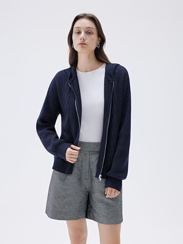 SUUKSESS Women Chunky Knit Cashmere Blend Sweaters Zip up Oversized Hoodies Cardigan with Pockets Long Sleeve Fall Jackets Outerwear (Navy Blue, S) - Thumbnail 4