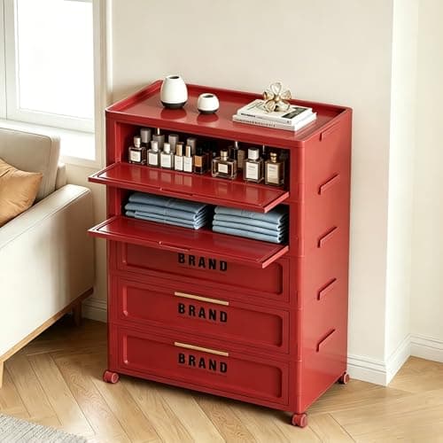 300QT 5-Tier Foldable Storage Cabinet with Magnetic Door & Wheels, Dorm Room Stackable Organizer, Space-Saving Unit for Apartment, Living Room, Pantry, Office (Red) - Image 1