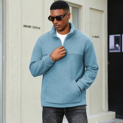 ZAFUL Mens 1/4 Zipper Fluffy Polar Fleece Pullover Sweatshirt Printed Kangaroo Pocket Fall Winter Unisex Hoodie Tops Blue 2XL - Thumbnail 2