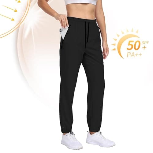 Hiking Pants Women Water Resistant Quick Dry Joggers with Pockets Elastic Waist Drawstring UPF 50+ Cargo Lightweight Work Travel Casual Black XXL - Thumbnail 3