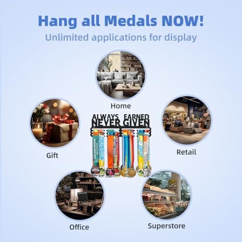 Dafftos Medal Hanger Ribbon Holder Display Medals Wall Mounted Metal Trophy Rack Organizer Frame Awards Ribbon Cheer Gymnastics Soccer Softball Runner Hold Medals Easy to Install (Earned 14 inch) - Thumbnail 5