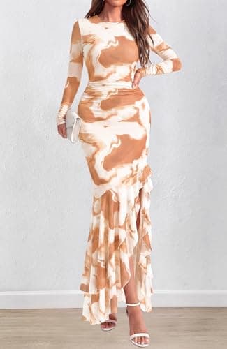 BTFBM Women's Maxi Dresses Fall 2026 Long Sleeve Bodycon Floral Ruffle Cocktail Wedding Guest Dress Concert Outfits(Floral Khaki,Large) - Thumbnail 2
