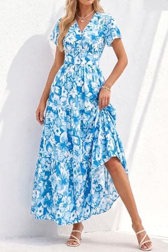 PRETTYGARDEN Women Summer Maxi Dresses 2026 Short Sleeve V Neck Button Floral Tiered Flowy Boho Sundress Beach Outfits(Blue Floral,Medium) - Thumbnail 3