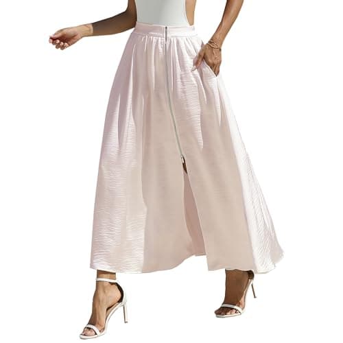MOLABYZ Zip Wrap Skirt Boho Maxi A-Line Flowy Beach Vacation Resort Casual Cocktail Formal Wedding Guest Slit Front Elastic Waist Long Skirt with Pockets (US, Alpha, Small, Regular, Regular, Pink) - Image 1