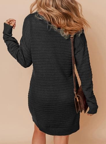 Dokotoo Women Lightweight Mini Sweater Dresses Batwing Long Sleeve Crewneck Textured Pullover Jumper 2025 Solid Short Sweater Dresses Fall Dress for Wedding Guest Large Black - Thumbnail 2