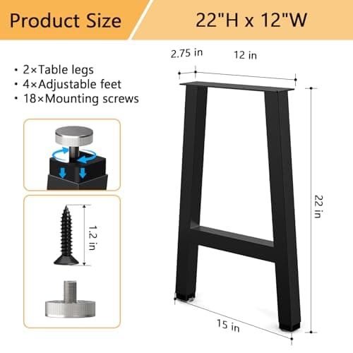 SNYXXOZ Table Legs 22”H x 15”W Heavy Duty Metal Furniture Legs H-Shape for Dining Table Kitchen Table Office Desk Table Base Replacement with Adjustable Feet Pads Screws 1000 LBS Load Black Set of 2 - Thumbnail 3