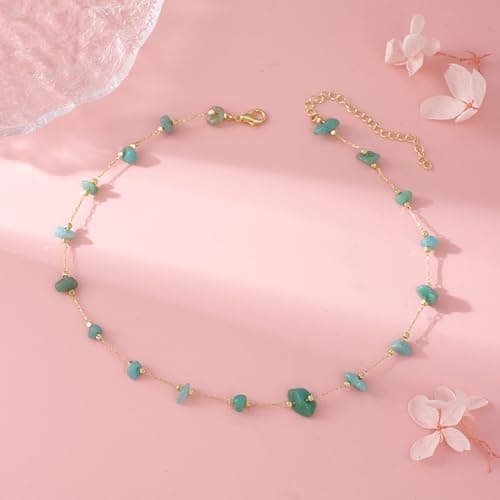 Geumkecy Handmade Green Amazonite Choker Necklace for Women Natural Gemstone Chain 18K Gold Jewelry Birthday Christmas Gift for Women 18inch Valentine Gift for Her - Thumbnail 4