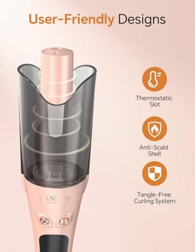 LANDOT Automatic Curling Iron 1 Inch - Anti-Tangle Self Rotating Curling Wand, Ceramic Tourmaline Hair Curler, Adjustable Temp, Dual Voltage Travel Styler, Rose Gold - Thumbnail 5