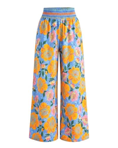 BTFBM Wide Leg Pants Woman 2026 Summer Smocked Waist Floral Pant Resort Wear Spring Beach Vacation Clothes for Women(Light Blue, Large) - Image 1