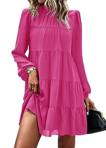 KIRUNDO Long Sleeve Baby Doll Dresses Women 2026 Casual Spring Summer Ruffle Mock Neck Tiered Mini Flowy Swing Shift Dress(Rose Red, Medium) - Image 1