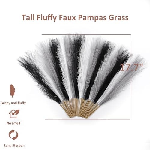 Acfruits Black&White&Gray Pampas Grass Small, 30 Pcs 17" Faux Pampas Grass Short Decor, Pompas Grass Flower Arrangement and Vase Filler for Boho Home Wedding Decoration - Thumbnail 2