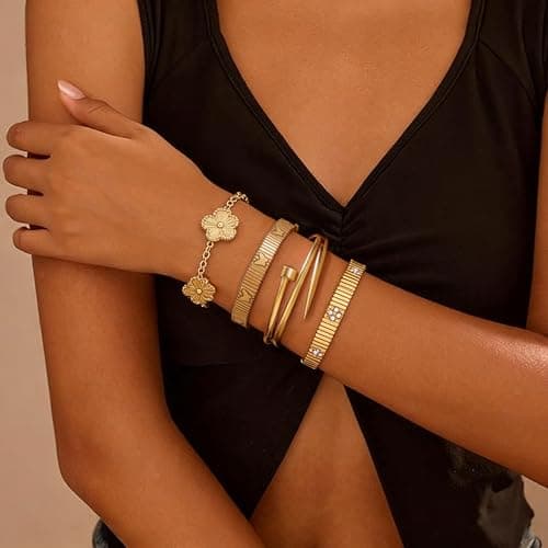 Stackable Gold Bracelets for Women - 4 Sets, 18K Gold Plated Bracelets, Stainless Steel Bangle Bracelets Non-Tarnish, Stylish Gold Jewelry Ensemble, Valentine's Day, Birthday and Christmas Jewelry Gifts - Thumbnail 3