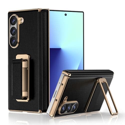HelloDeere for Samsung Galaxy Z Fold 7 Case with Hinge Protection, Kickstand, Luxury Leather Texture, Lightweight & Drop Resistant Protective Back Cover Phone Case, (Black)