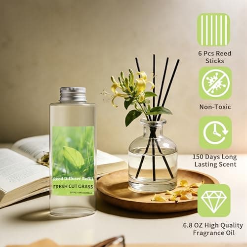 STRN Reed Diffuser Oil Refill, Fresh Cut Grass Scented Diffuser Oil Refills with 6 Reed Sticks 200ML(6.8fl.oz), Room Fresheners for Home, Long-Lasting Fragrance for Living Room, Bedroom, Office - Thumbnail 4