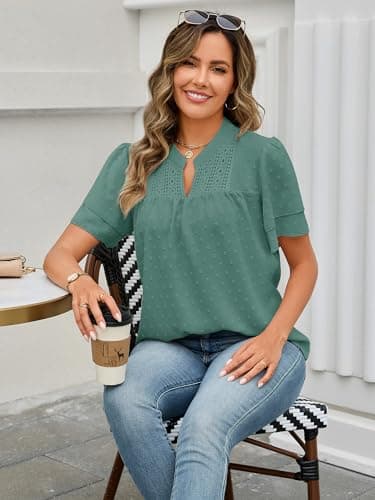 Bellcoco Boho Tops for Women Summer Short Sleeve Shirts Vneck Ruffle Flowy Blouses Dressy Casual Lace Hem Clothing(Cyan,Medium) - Thumbnail 5