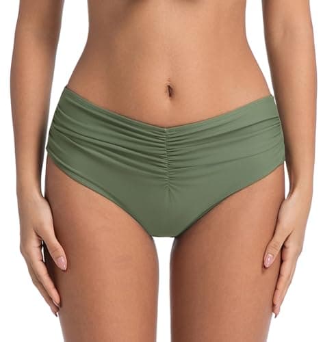 COCOPEAR Mid Rise Bathing Suit Bottoms for Women Ruched Tummy Control Swim Bottoms Full Coverage Bikini Bottoms for Women Army Green M - Image 1