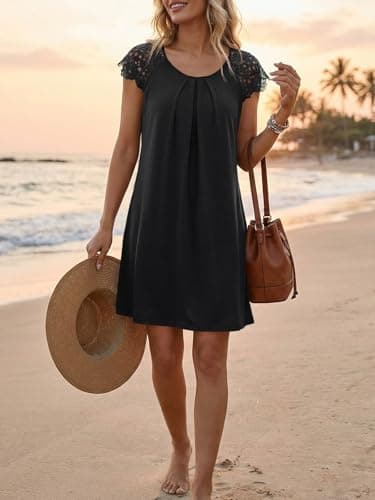 Wenrine Womens Tshirt Nightgown Short Sleeve Soft Sleepwear Casual Sleep Dress with Pockets Black - Thumbnail 3