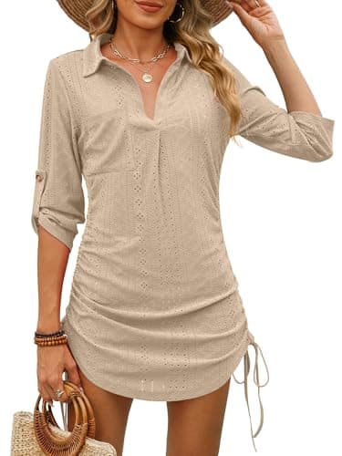 ANRABESS Womens Bathing Suit Cover Ups Swimsuit Beach Coverup Hollow Out Swimwear 2026 Summer Outfits Bikini Dress Shirt Apricot X-Large - Image 1