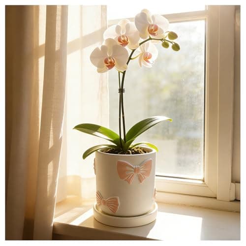 Giafiny Cute Pink Orchid Pot, Bow Decorative Succulent Planter for Indoor/Outdoor Plants, Hand Painted Pink Bow Cement Flower Pots with Tray/Drainage Hole for Home Room Decor - Image 1