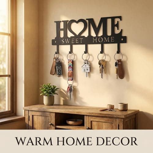 Key Holder Hooks Organizer Hanger Rack Wall Mounted Sweet Home Metal Decor Stylish and Practical for Entryway Front Door Kitchen Hallway Garage Mudroom Office Hardware Included Black (Sweet 13 inches) - Thumbnail 2