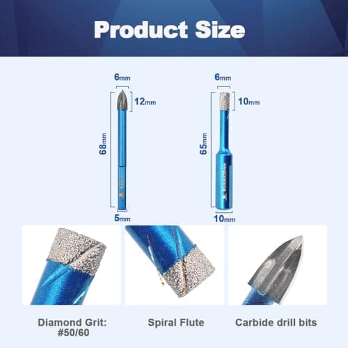 Dry Diamond Drill Bit Set,BRSCHNITT 10pcs 1/4 Inch Masonry Drill Bits Set with Triangle Shank for Porcelain Tile Ceramic Stone Granite Marble,Dry Drilling Diamond Core Drill Bit Kit - Thumbnail 2