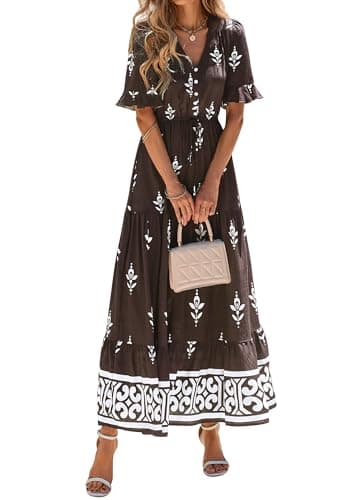 BTFBM Womens Summer Dresses 2026 Spring Casual Short Sleeve v Neck Boho Floral Flowy A-Line Tiered Maxi Dress Pockets(Floral Coffee White, Small) - Thumbnail 6