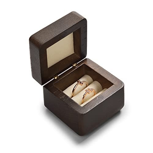 Woodten Walnut Jewelry Engagement Wedding Ring Box, Solid Wood Double Dual Ring Box for Wedding Proposal Engagement(Beige) - Image 1